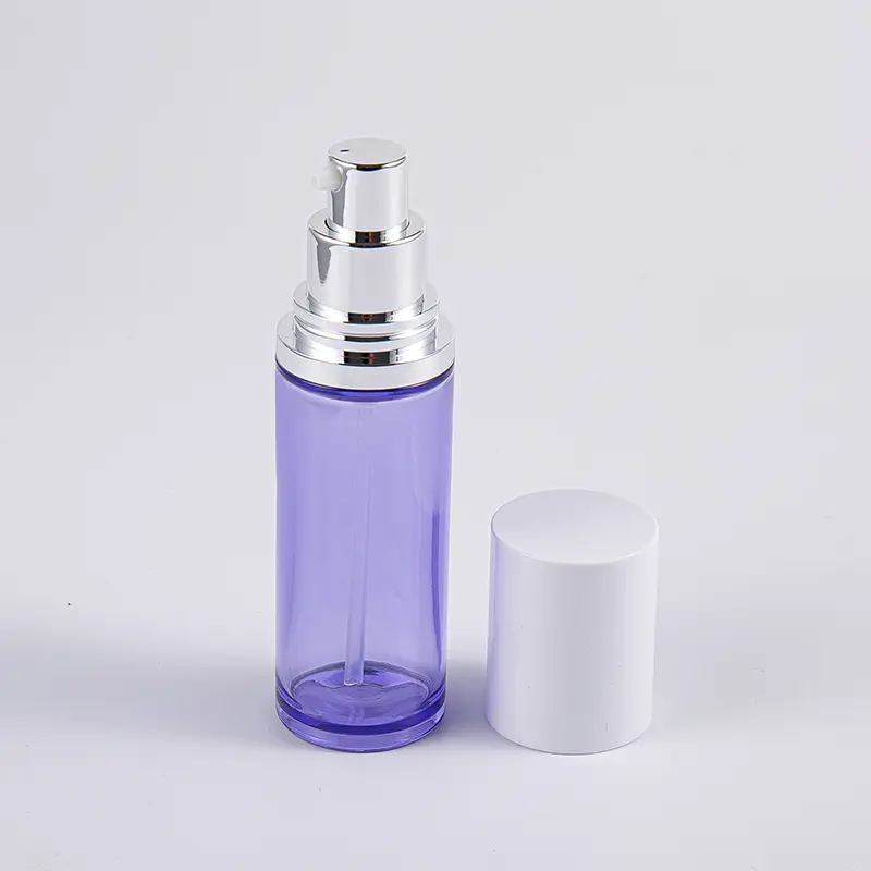 ขวดโลชั่นเซรั่มทรงกลมสีม่วงขนาด 100 มล. พร้อมปั๊มอลูมิเนียม